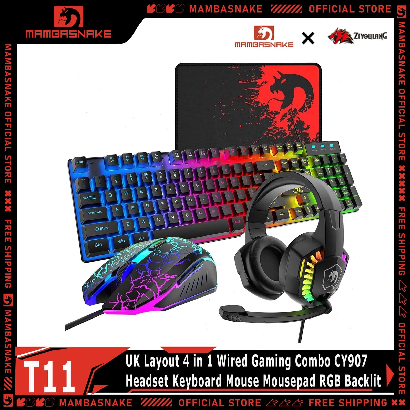 MAMBASNAKE Wired Gaming Keyboard and Mouse Headphones Mouse cap Combo Rainbow backlit LED for Mac PS4 Xbox laptop PC