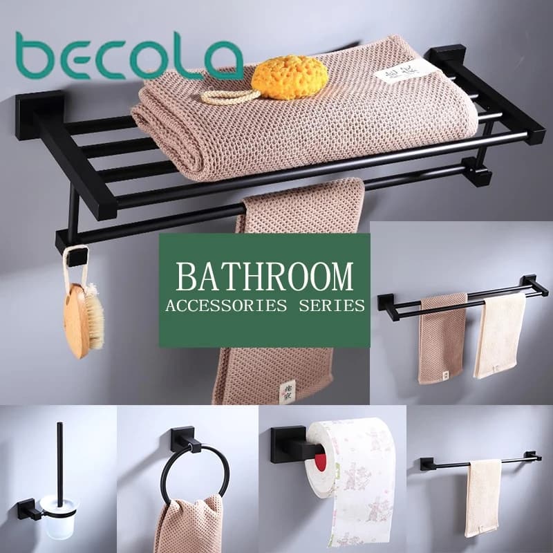 Becola Portasciugamani con gancio nero opaco 304Space Portasciugamani in alluminio Doppio portasciugamani Porta carta Porta fazzoletti Porta scopino