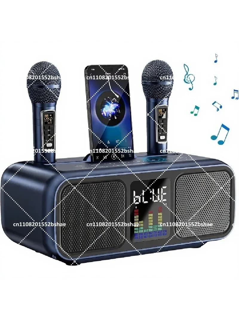 2-in-1 Karaoke Player with Bluetooth Speaker and Wireless Microphones, Home Karaoke Machine with Phone Holder for Family Singing