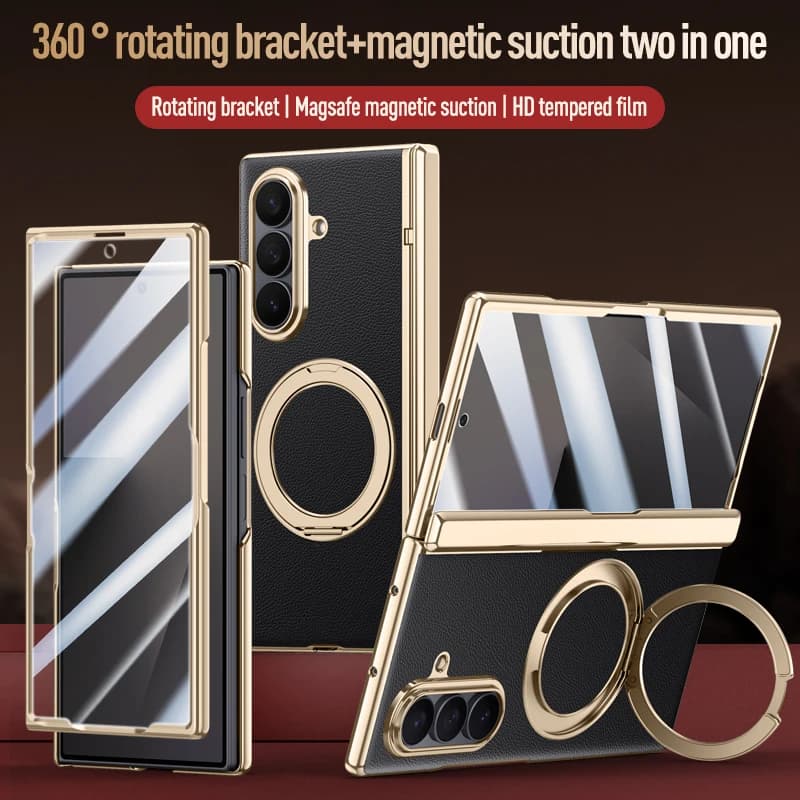 Funda per Samsung Galaxy Z Fold 7 Custodia in pelle 360 ° Copertura per telefono con impronta digitale antigoccia in vetro temperato magnetico con staffa girevole