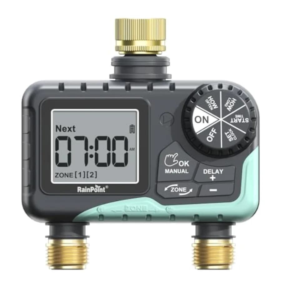 Timer per irrigazione a 2 zone con ingresso e uscita in ottone - Timer per irrigazione da giardino con ritardo pioggia/irrigazione manuale/irrigazione automatica