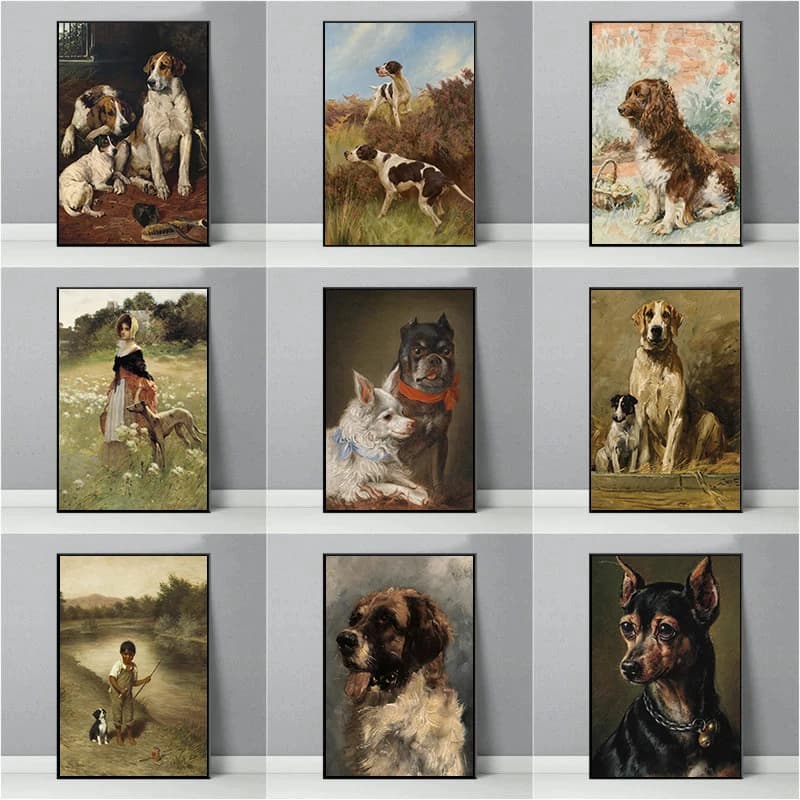 1pcs(No frame) Vintage Dog Portrait Print Poster Antique Rustic Pet Artwork Canvas Painting Farmhouse Animal Wall Art Picture Ho