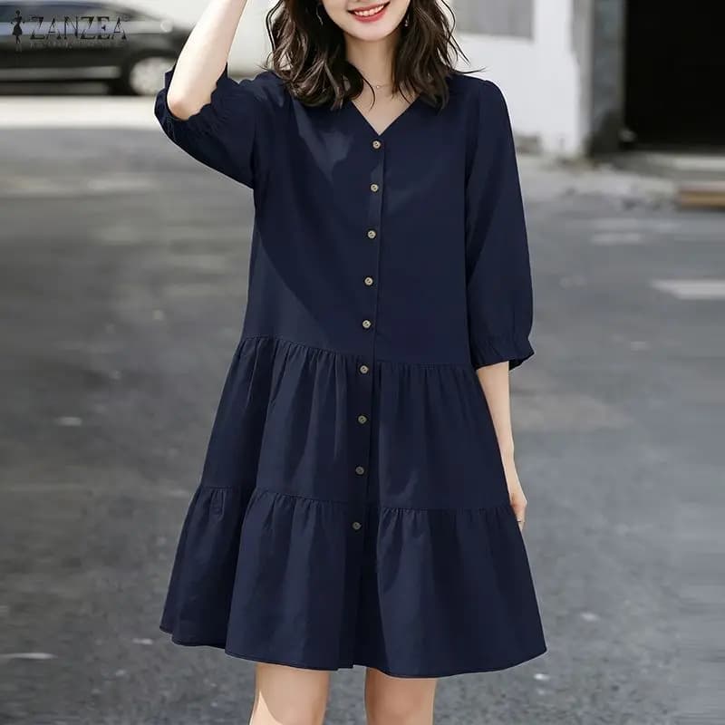 ZANZEA Women Casual Tiered Dresses V-Neck 3/4 Puff Sleeve Button Up Knee-Length Dress 2026 Summer Solid Color A-Line Robes Femme