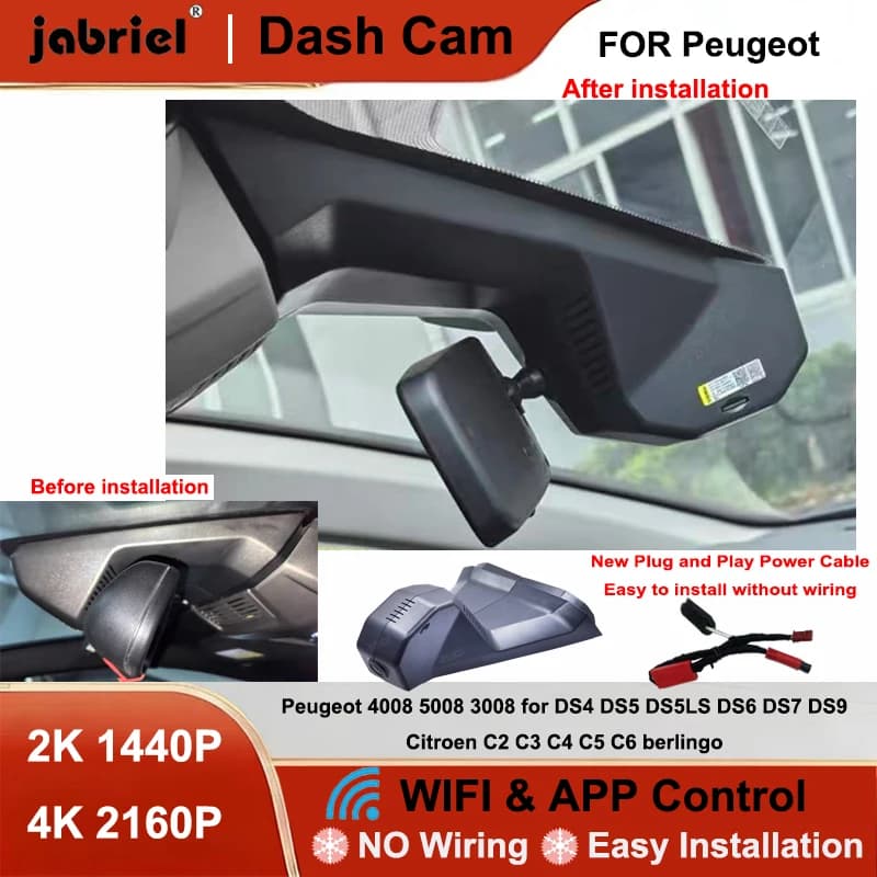 Dash Cam Jabriel 2K 4K with Wifi, Video Recorder for Peugeot 4008 3008 DS4 DS5 DS5LS DS6 DS7 DS9 Citroen C2 C3 C4 C5 C6 Berlingo