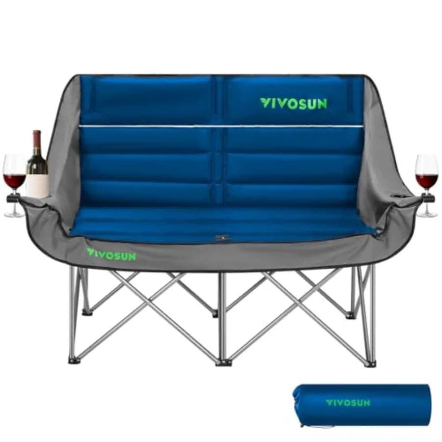 Sedia da campeggio doppia completamente imbottita, pieghevole, con portabicchieri, sedia doppia oversize in nero, comoda e portatile.