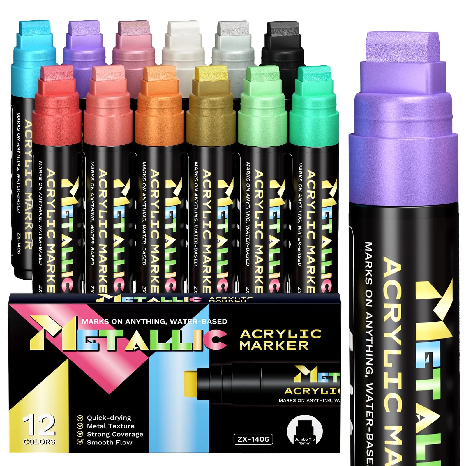 Pennarelli Acrilici a Punta Larga (1,5 cm/0,59 pollici) in 12 Colori Metallici | Alta Copertura, Grande Capacità d'Inchiostro e Funzionalità di Stratificazione, Adatto per Creare Graffiti Audaci e Opere Artistiche.
