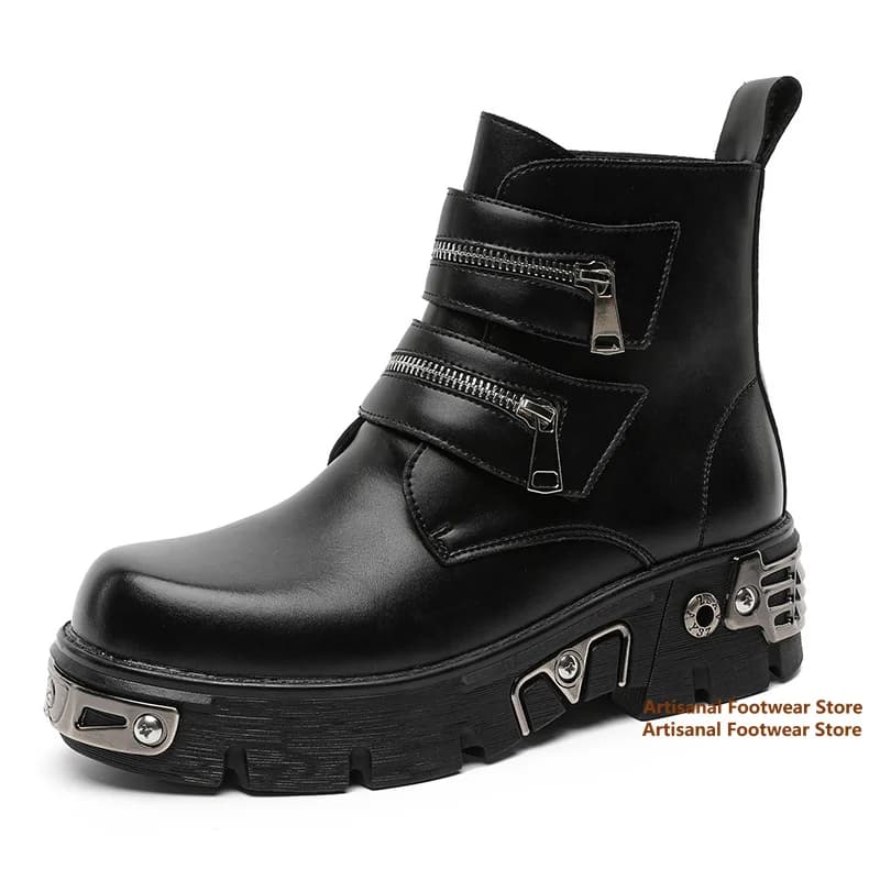 Multi Zipper Straps Metal Decor Punk Motorcycle Boots Gothic Platform Ankle Boots for Men Trendy Luxury Handmade Men's Boots