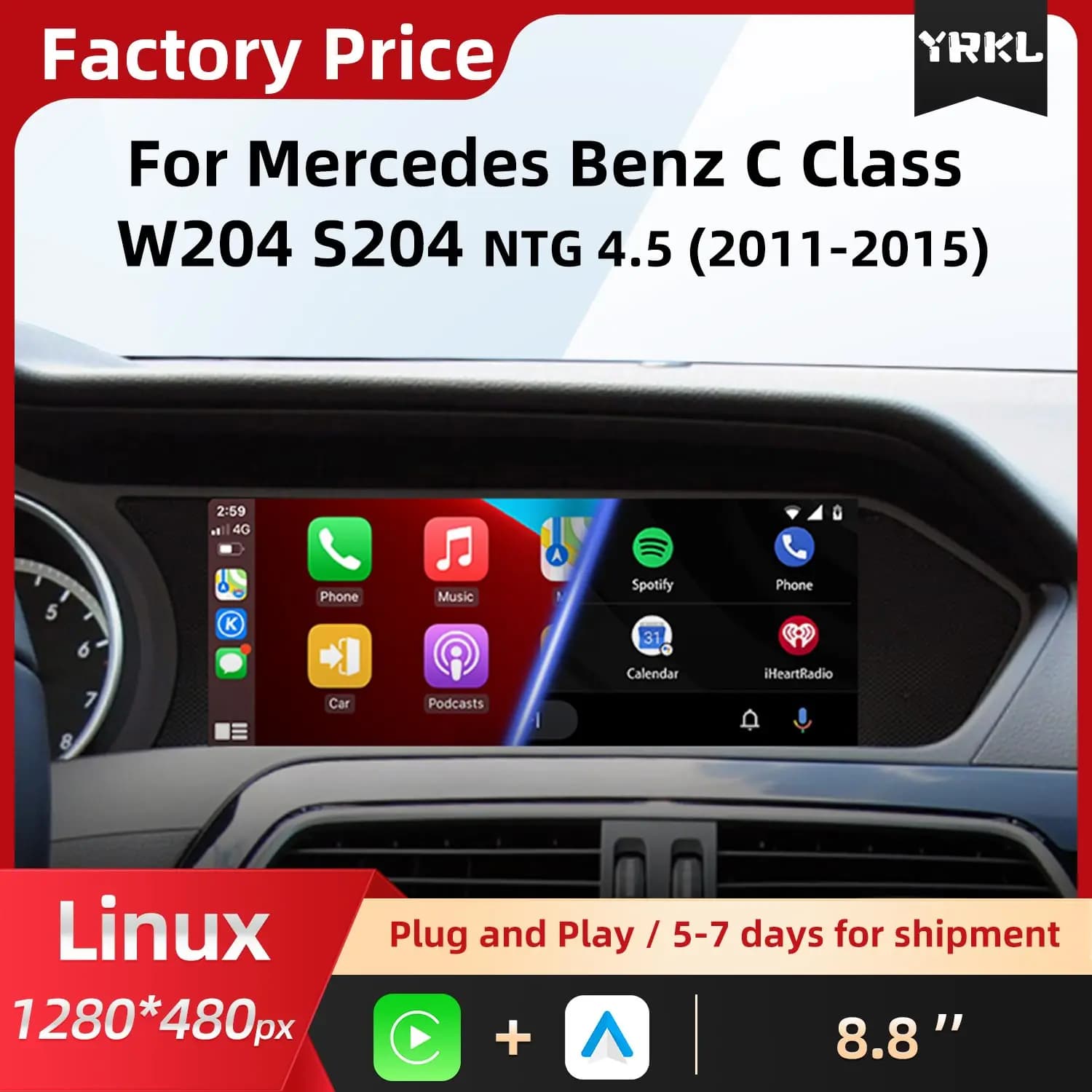 Carplay wireless per Mercedes Benz Classe C W204 S204, autoradio con lettore multimediale, schermo touch screen, Android AUTO, monitor centrale.