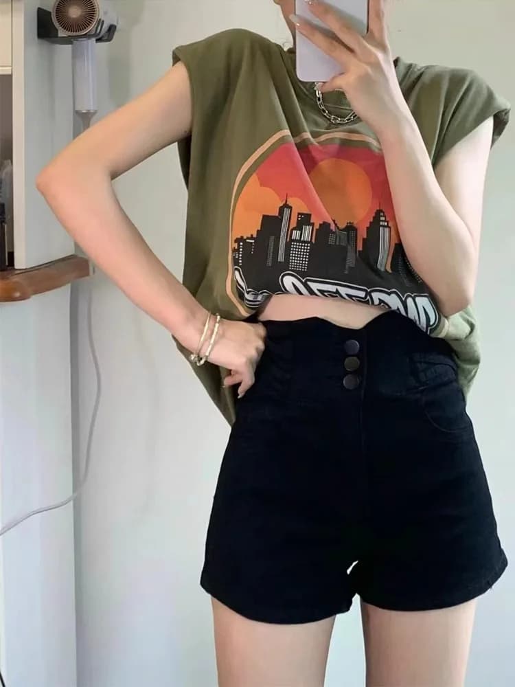 High Waist Black Denim Shorts Women's Summer Thin A-Line Hot Pants Tummy Slimming Jeans Cotton Elastane Blend Wear Resistant