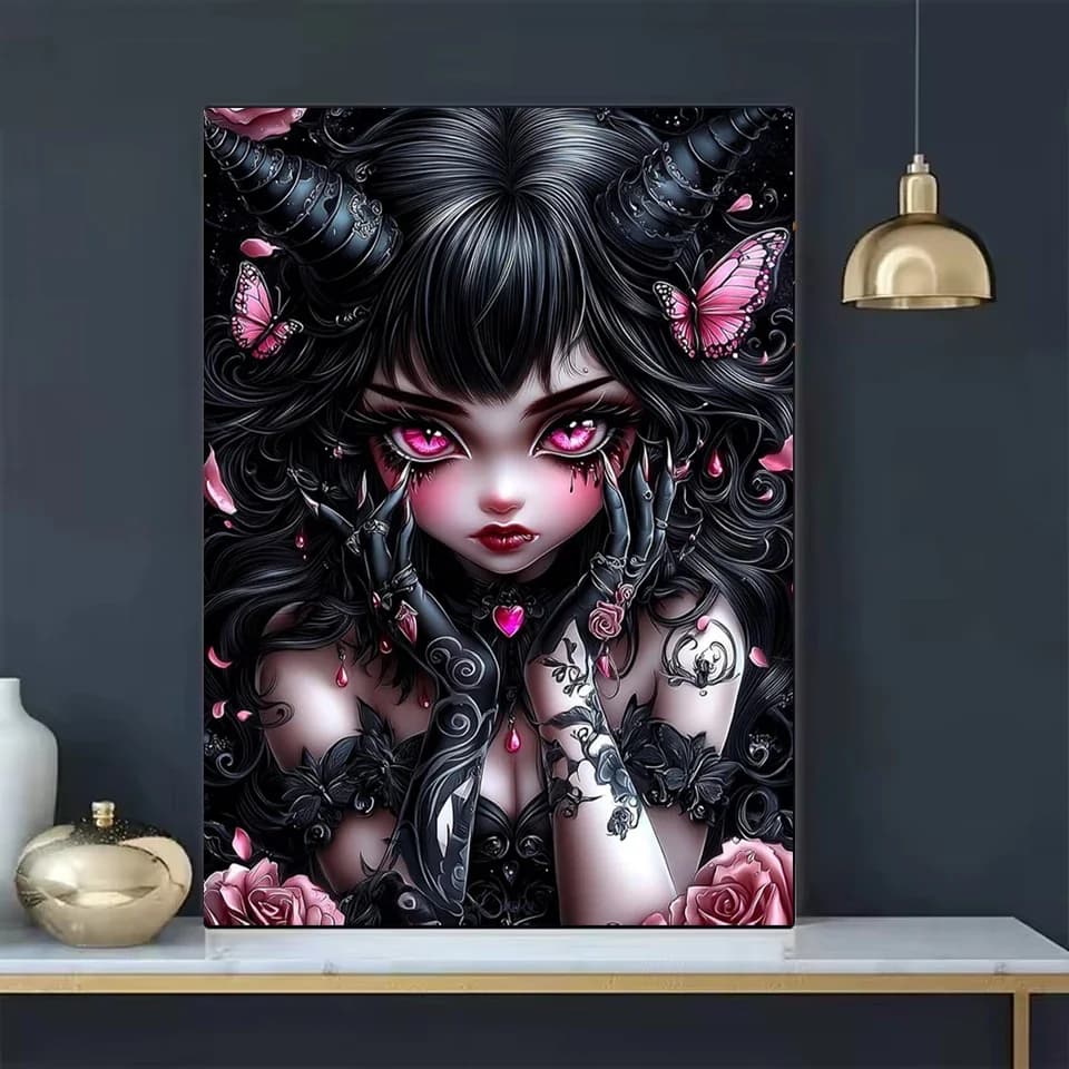Diamond Painting 2026 Full Diamond Mosaic Gothic Demon Girl with Pink Butterflies Diamond Embroidery Kit Home Decor Craft Gift