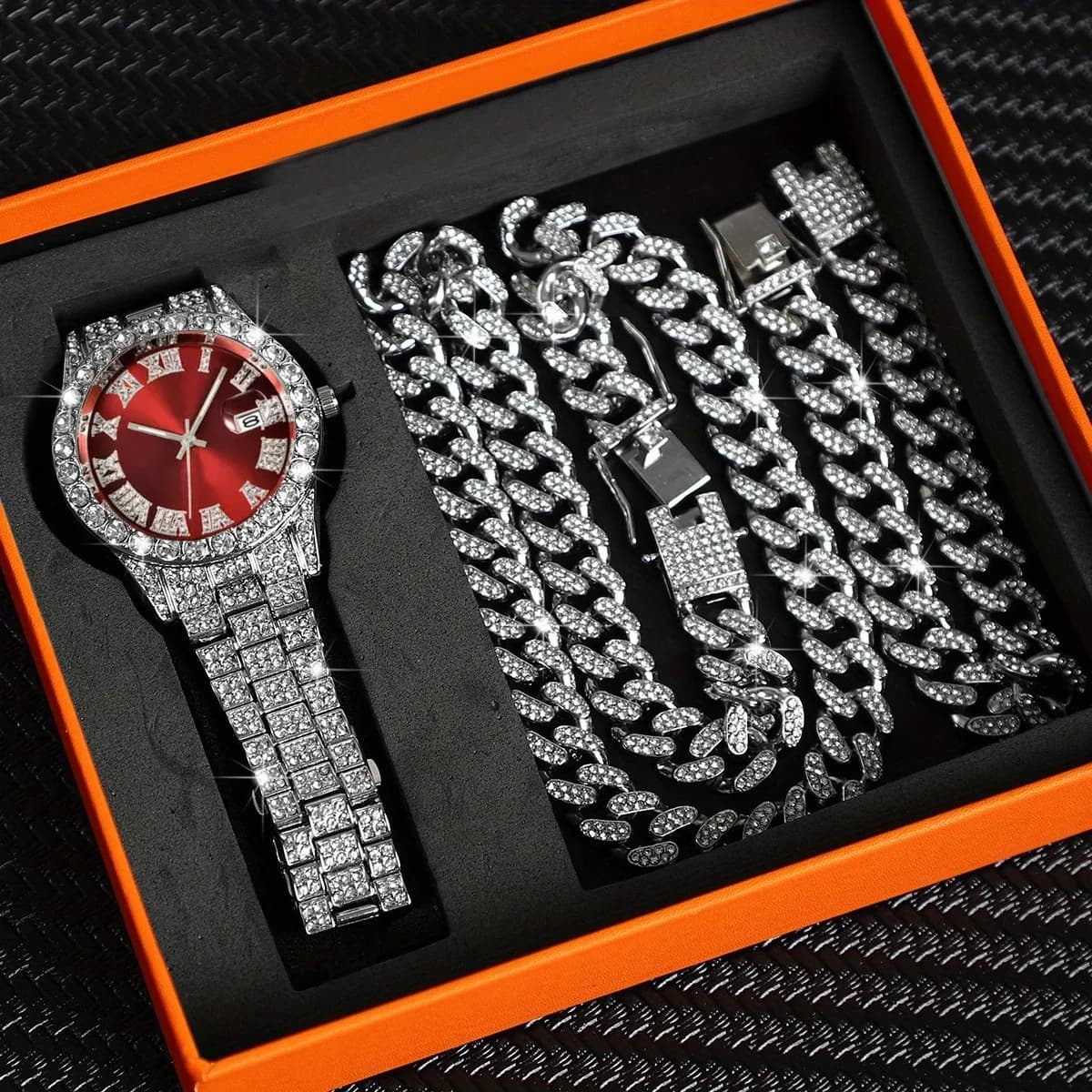 Set regalo di orologi al quarzo con strass zirconi da donna di lusso Set di orologi da polso con collana a catena cubana alla moda Set di Relojes unisex
