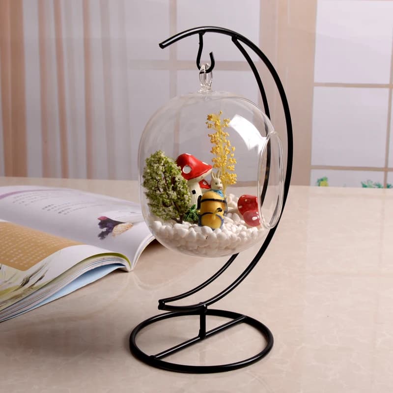 Set di 4 Terrari in Vetro Sospesi con Supporto in Metallo Nero a Forma di Luna, Altezza 26cm, Decorazione per Casa, Bomboniera, Regalo Promozionale, Souvenir