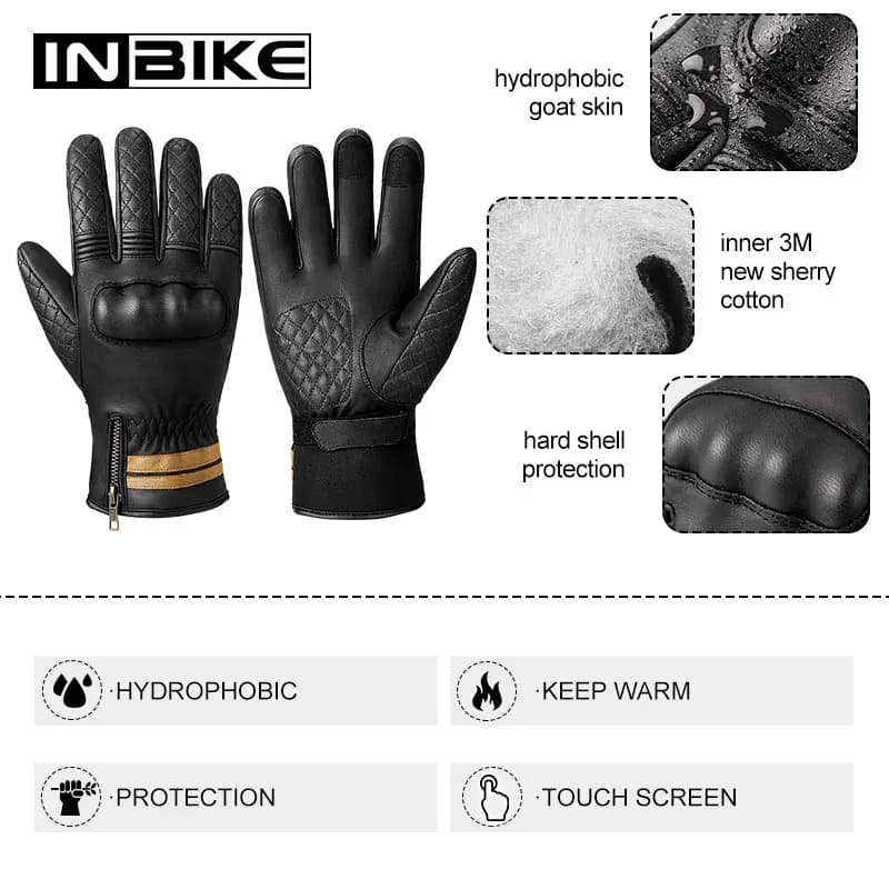 INBIKE Winter Cycling Gloves Motorbike Racing Genuine Leather Touch Screen Gloves 3mm Sherry Cotton Warm Waterproof Bike Gloves