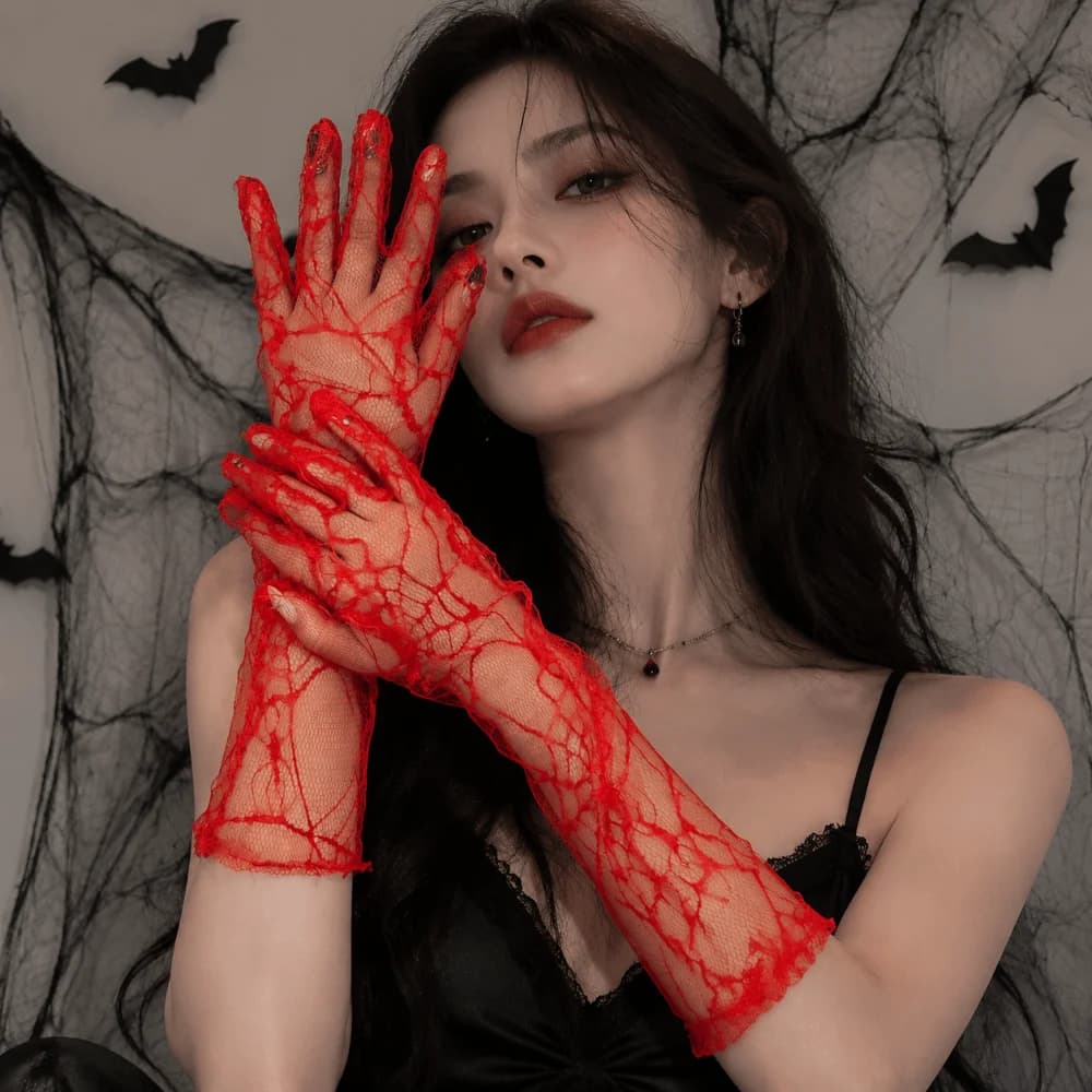 Elegant Solid Color Spider Web Gloves Transparent Gauze Women Driving Gloves Mesh Dark Series Long Mittens Outdoor