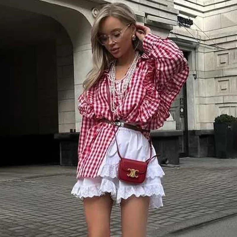 Camicia da donna con volant alla moda con stampa scozzese Camicette a maniche lunghe con bottoni Cardigan Top Camicia femminile con giuntura allentata casual