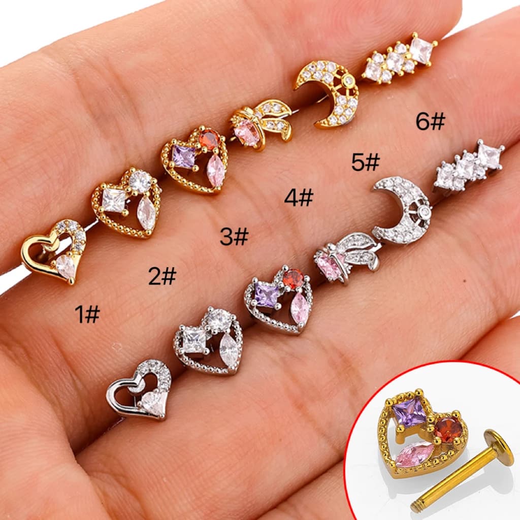 1 pezzo 1.2mm cuore luna cartilagine orecchini in acciaio inossidabile zircone conchiglia rook trago stud labret gioielli penetranti posteriori