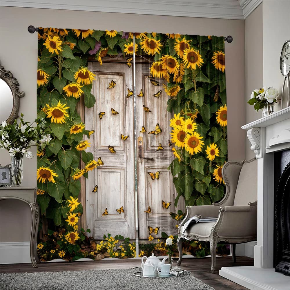 2pcs, spring summer Curtains Sunflower Barn Door Semi-Sheer Curtains Durable 100% Polyester Fabric Versatile All for Grey,