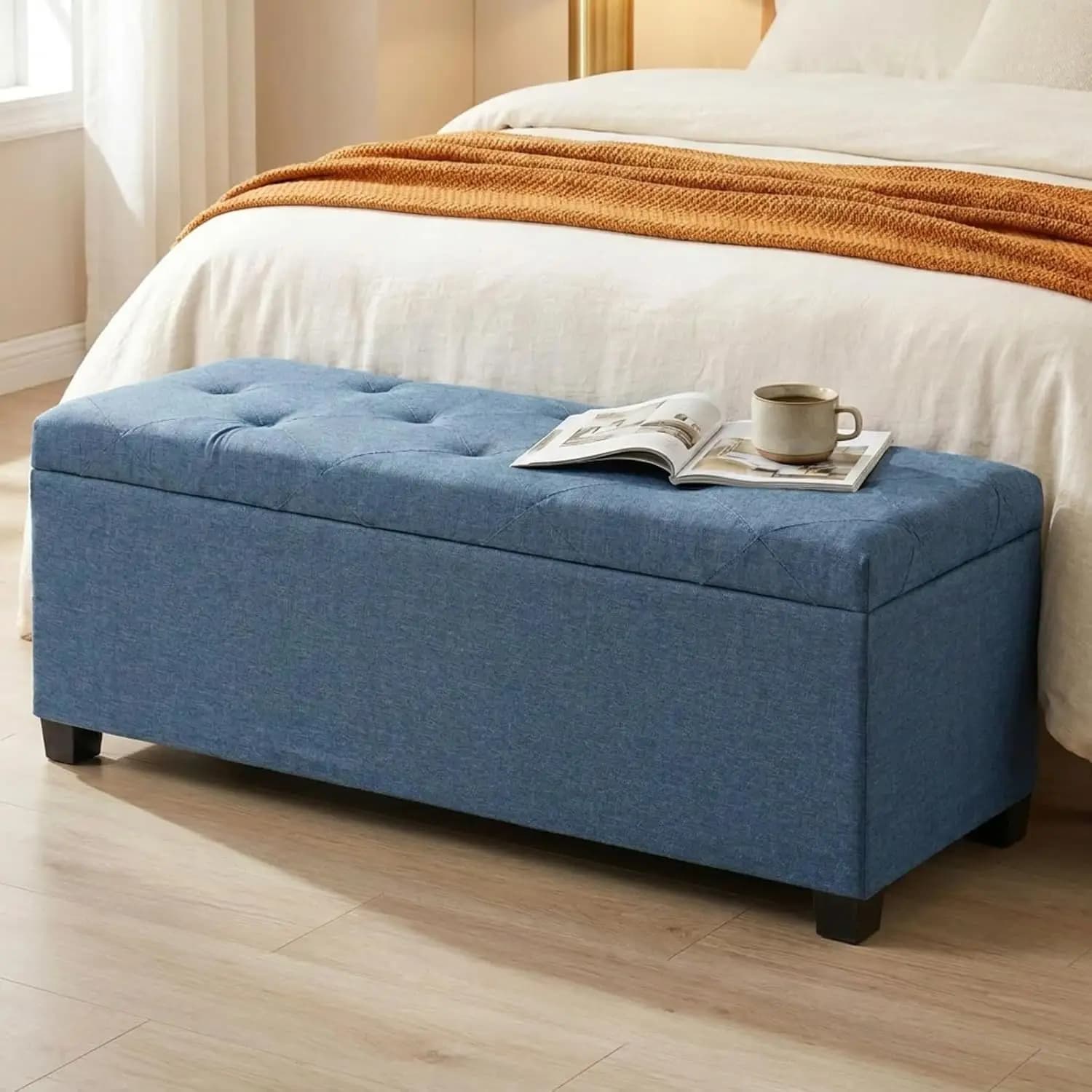 Storage Ottoman Bench End Of Bed Bench With Removable Cover Linen Look Fabric Storage Chest Steel Frame Footrest Seating Chest Bench For Bedroom Living Room Entryway Blue