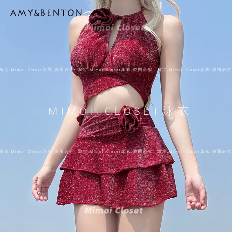 Sexy Retro Tridimensionale Rose Spice Girl Split Costume da bagno in tre pezzi Donna Estate Nuovo High-end Paillettes Halter Top Bikini Set