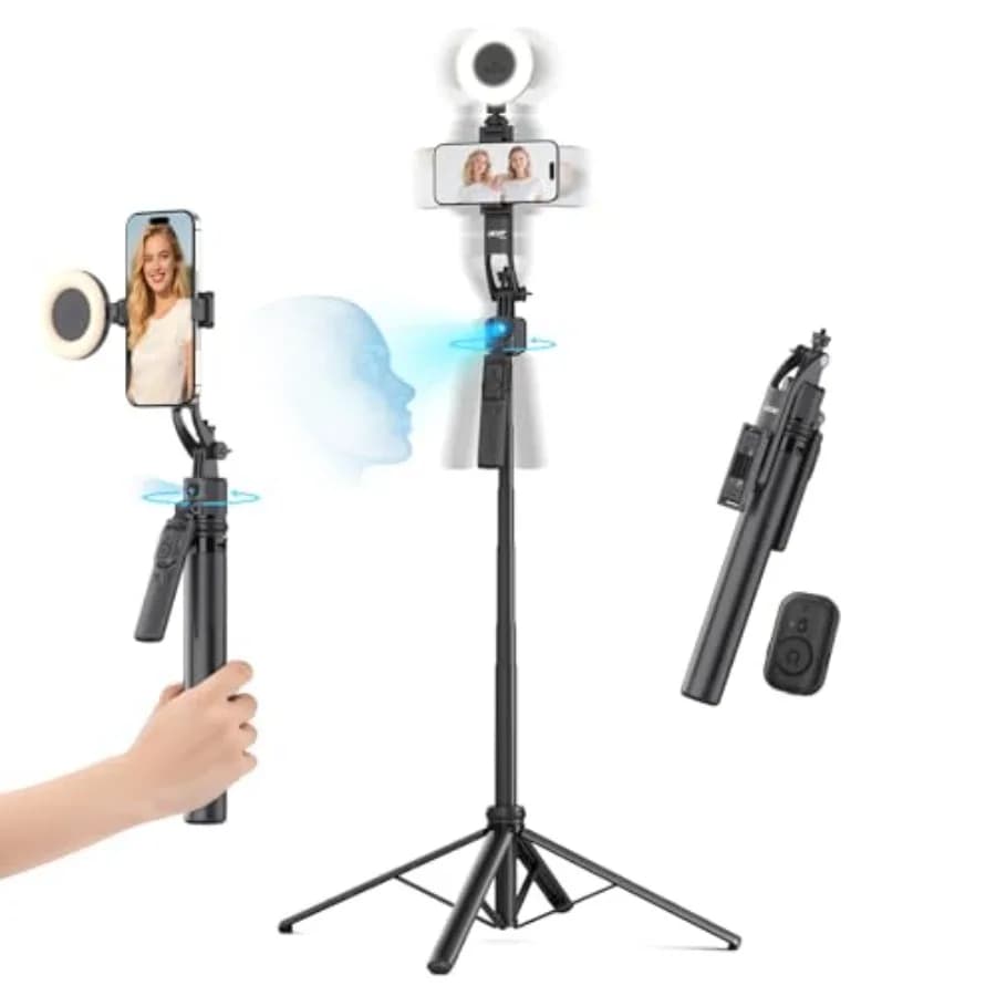 Treppiede Automatico con Tracciamento del Viso per iPhone/Cellulari/Android/Fotocamere, con Luce e Telecomando, 64 Funzioni Senza App, Rotazione a 360°, Treppiede per Selfie
