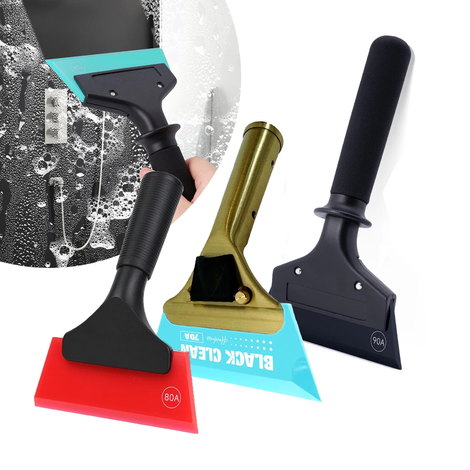 FOSHIO 3 pz Bronzo/Plastica Maniglia Auto Parabrezza Vetro Pulizia Dell'acqua Seccatoio Auto Finestra Pellicola Colorazione Raschietto con Gomma Morbida