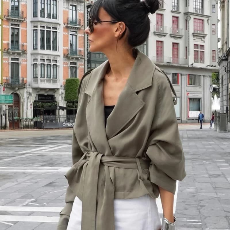TARUXY Trench with pocket with laces Chic women's coat with solid twist Long sleeves Autunno Lady New Street Coat