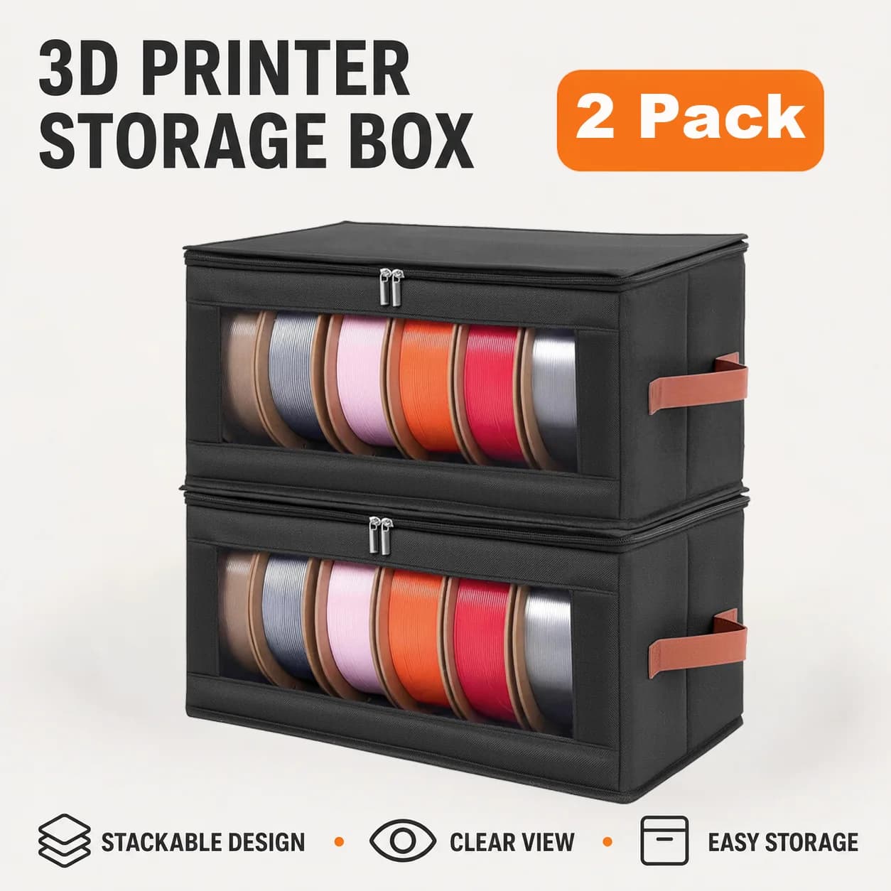 3D Printer Filament Storage Box 2 Pack, Holds 12 Spools Clear Foldable Moisture Proof Organizer with Desiccants For 1kg PLA PETG