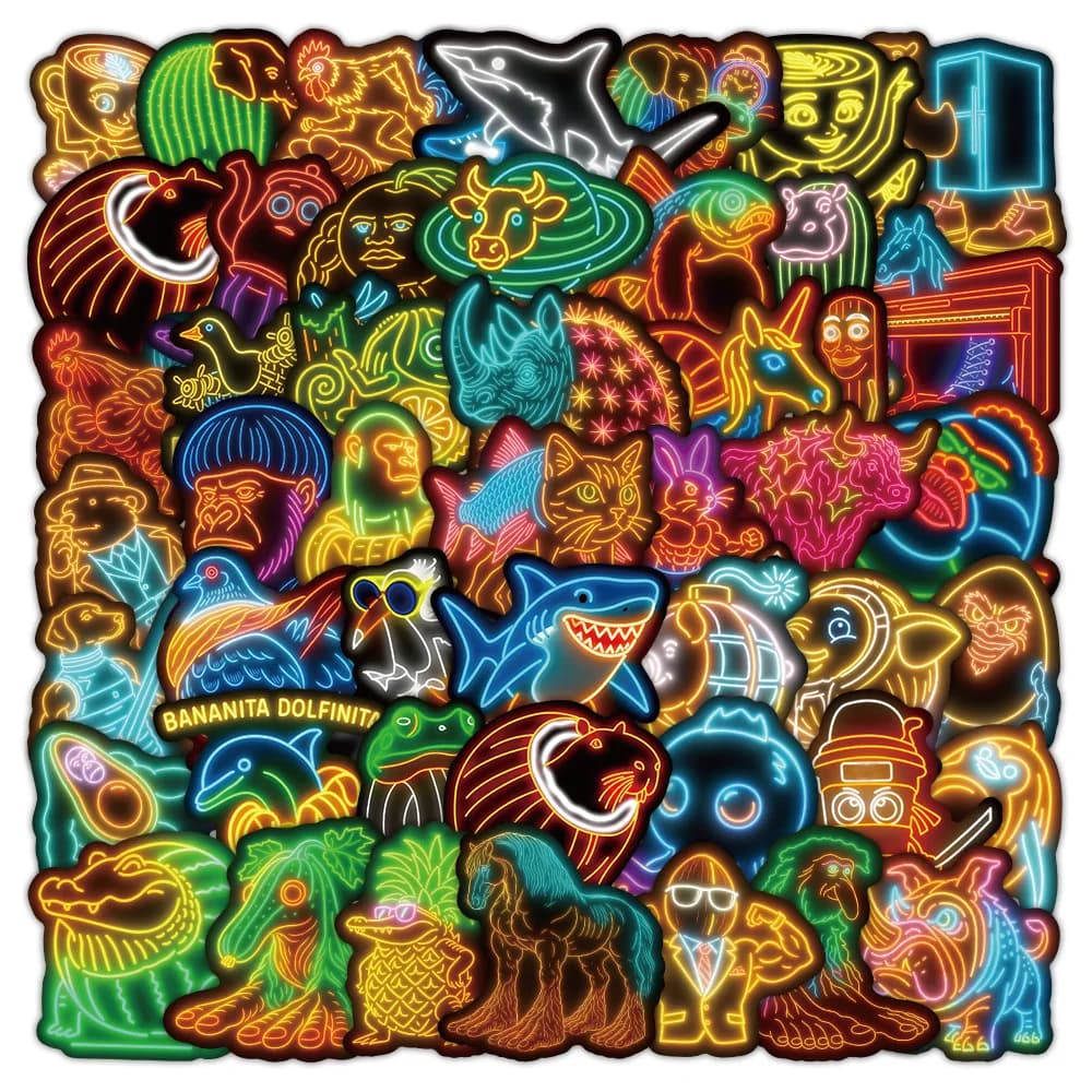 50pcs Neon Abstract Animal Stickers Tung Tung Sahur Italian Brainrot Animals Cartoon Decal DIY Luggage Phone Car Kid Toys