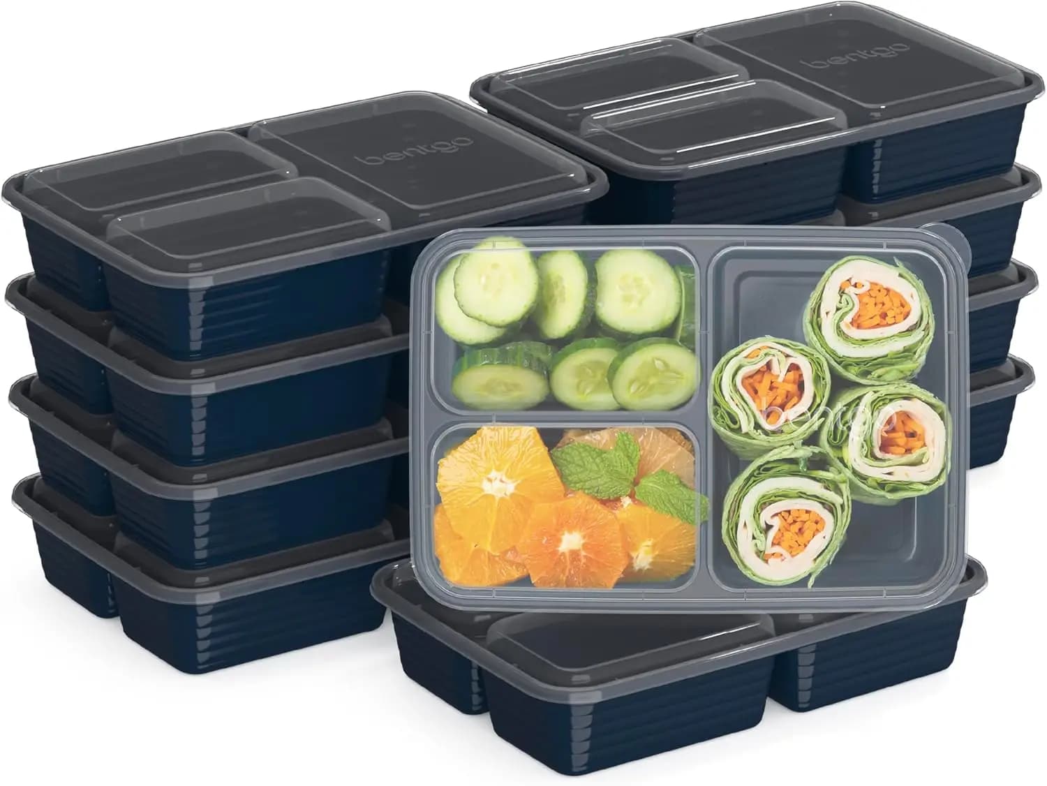 Set di 20 Contenitori per Pasti a 3 Scomparti con Coperchi, Senza PFAS e BPA, Adatti per Microonde, Congelatore e Lavastoviglie, Blu Navy