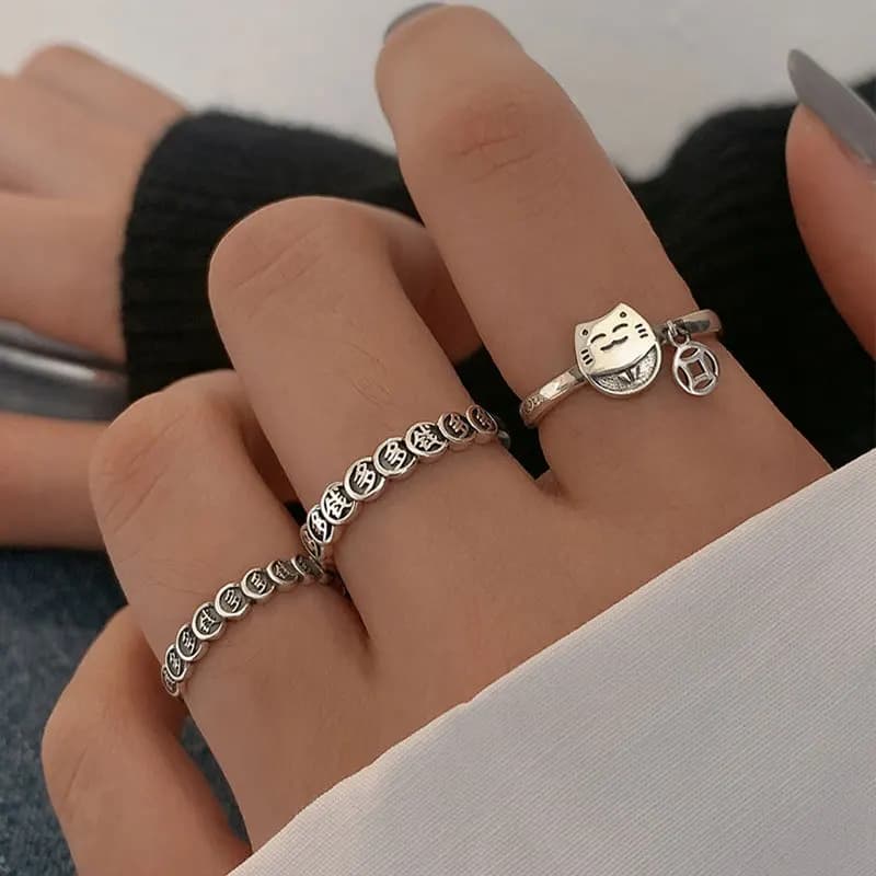 S925 sterling silver rings with lucky cat, niche design for women, fashionable and luxury discreet