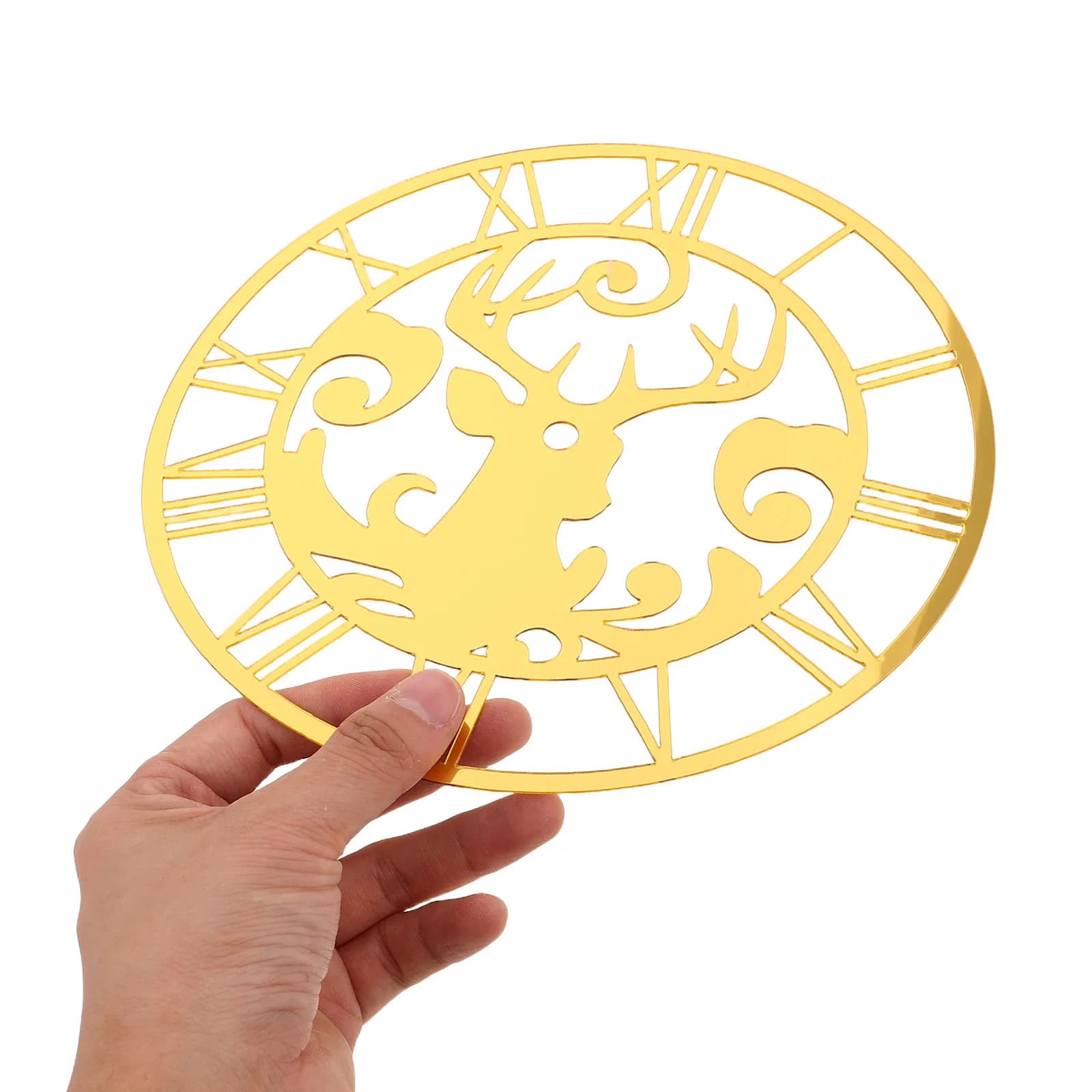 Orologio da Parete Rotondo in Acrilico a Specchio, Adesivo Decorativo Senza Cornice con Design a Cervo e Numeri Romani per Soggiorno