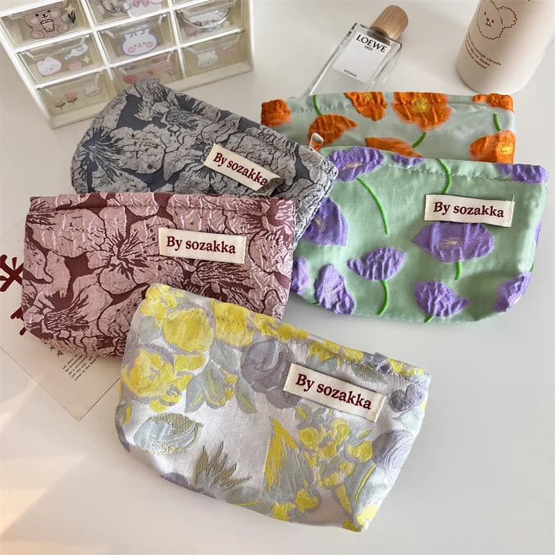 Borsa portaoggetti cosmetica da viaggio con fiori in rilievo francese portafoglio kit per il trucco delle donne carine borse custodia per matite per telefono borsa per Organizer