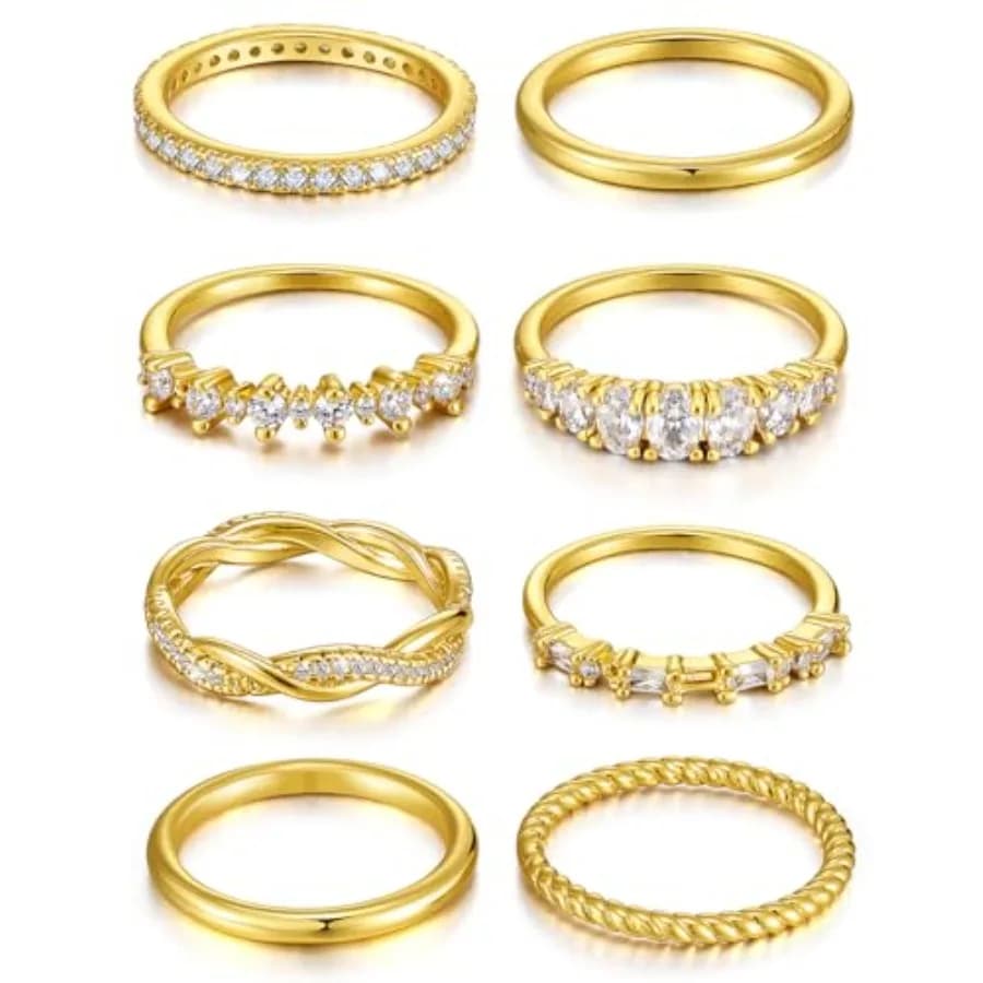 Set di 8 Anelli Impilabili Placcati in Oro 14K per Donne, Anelli Delicati con Zirconia Cubica Scintillante, Anelli di Fidanzamento Resistenti all'Ossidazione