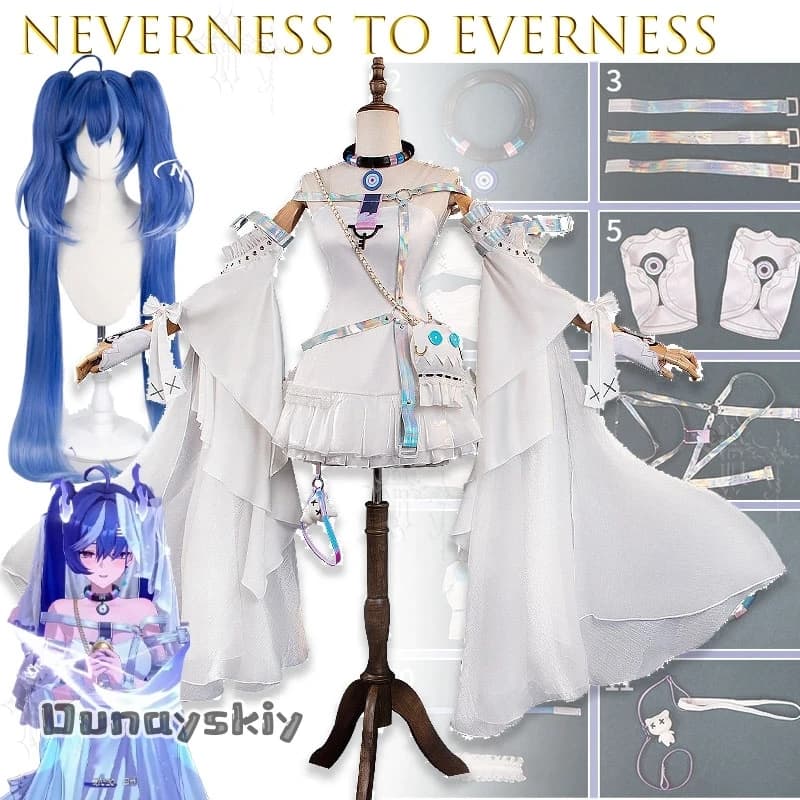 Costume Cosplay Nitsa di Neverness To Everness, Abito Bianco con Parrucca, Fermaglio per Capelli a Fiore, Accessorio per Gambe, Abito per Feste Anime, Completo Lolita per Feste