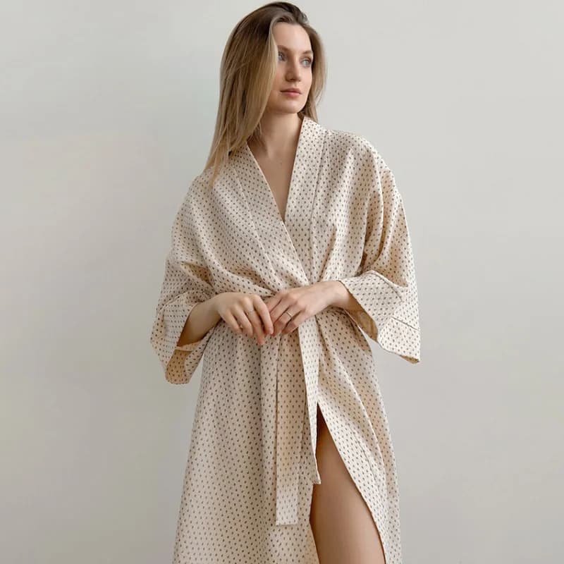 1pc Women's Bathrobe Elegant European American Style Printed Rayon Cotton Fabric Breathable Soft Loose Tie Belt Loungewear Robe