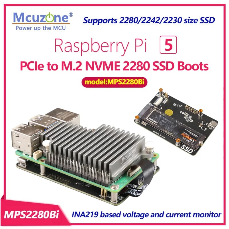MPS2280Bi Raspberry Pi 5 PCIe a M.2 NVME 2280 SSD Boots INA219 basato su tensione e corrente monit supporta 2280/2242/2230 SSD