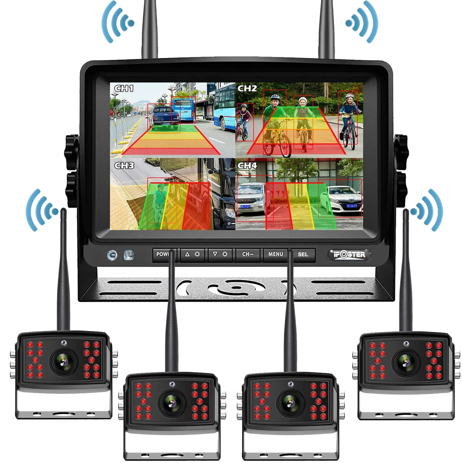 iPoster 7 pollici AHD digitale wireless doppia antenna 4 canali monitor DVR per auto telecamera registratore di retromarcia per veicoli per camion camper