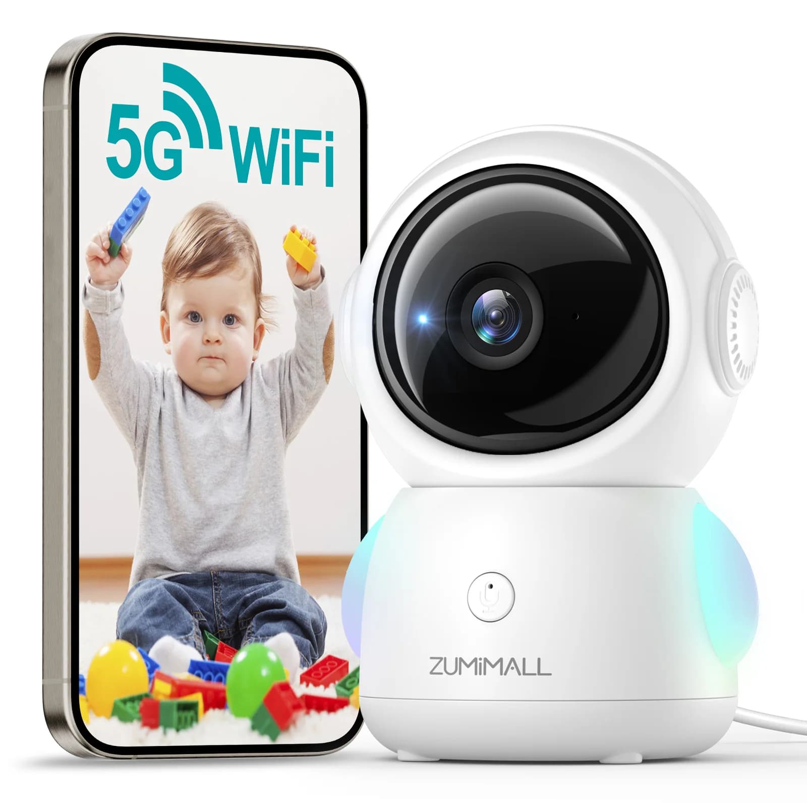 ZUMIMALL Telecamera di sicurezza cablata, monitor WiFi 5G/2.4G per neonati/animali domestici con fotocamera e audio, chiamata con un clic, tracciamento automatico, Cry/PIR/AI