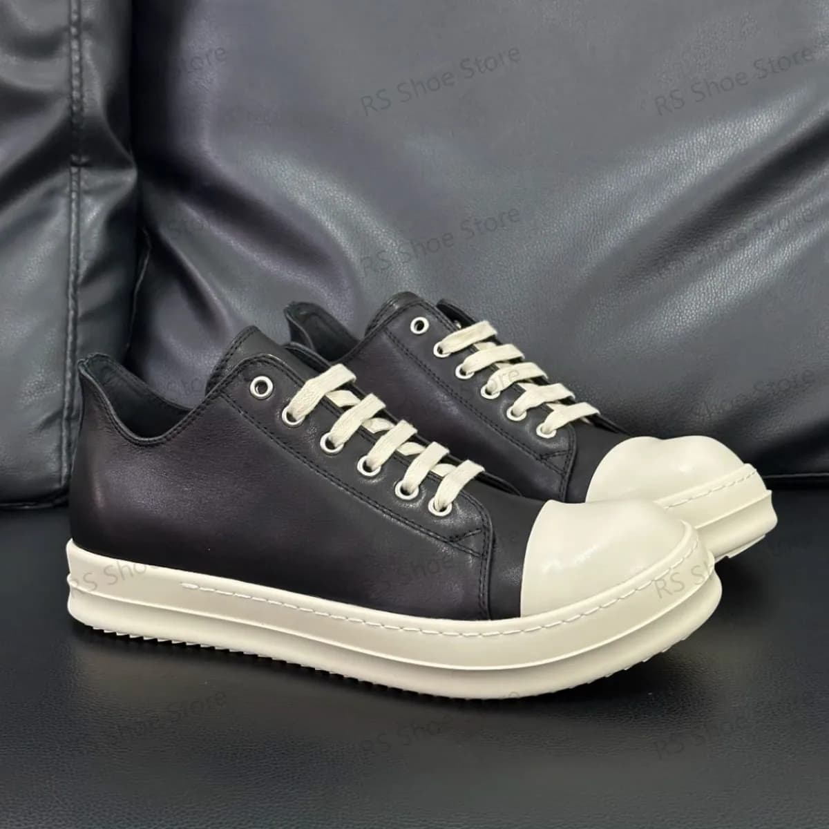 R-o Men Shoe Black Leather Low Top Casual Shoes Lace Up Women Sneaker Classic Design Thick Sole Black Cowhide Sneakers