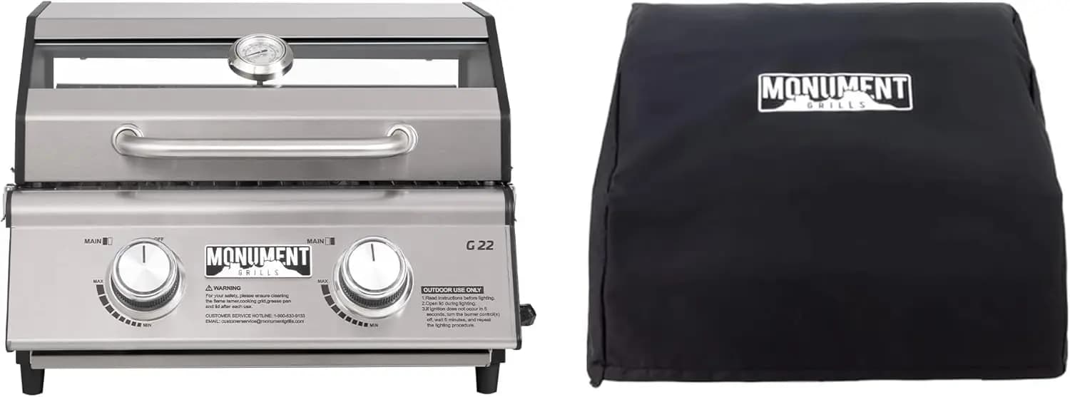 Griglia a gas propano da tavolo a 2 fuochi per cucinare da campeggio portatile all'aperto con copertura per barbecue (2 articoli)