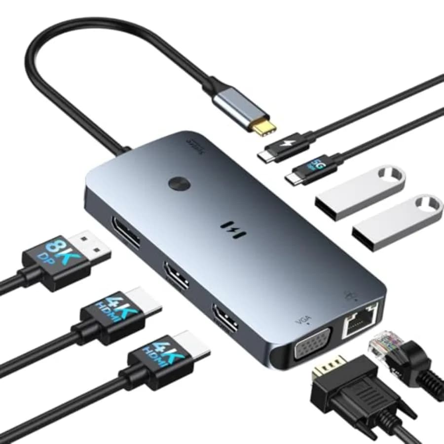 Docking Station USB C Adattatore per Doppio Monitor Selore, Docking Station per Laptop con 3 Monitor, Display Quadruplo con 2 DP VGA Ethernet 3 USB A