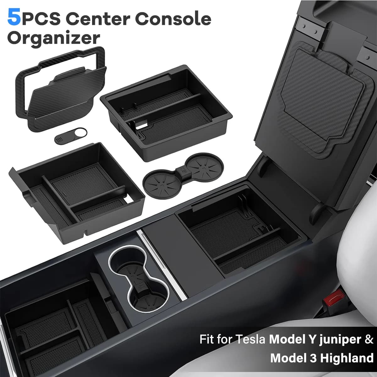 Per Tesla Model Y Juniper 2025 Console Bracciolo Scatola di Immagazzinaggio per Tesla Model 3 Highland 2024 2025 Tappetino antiscivolo Portabicchieri