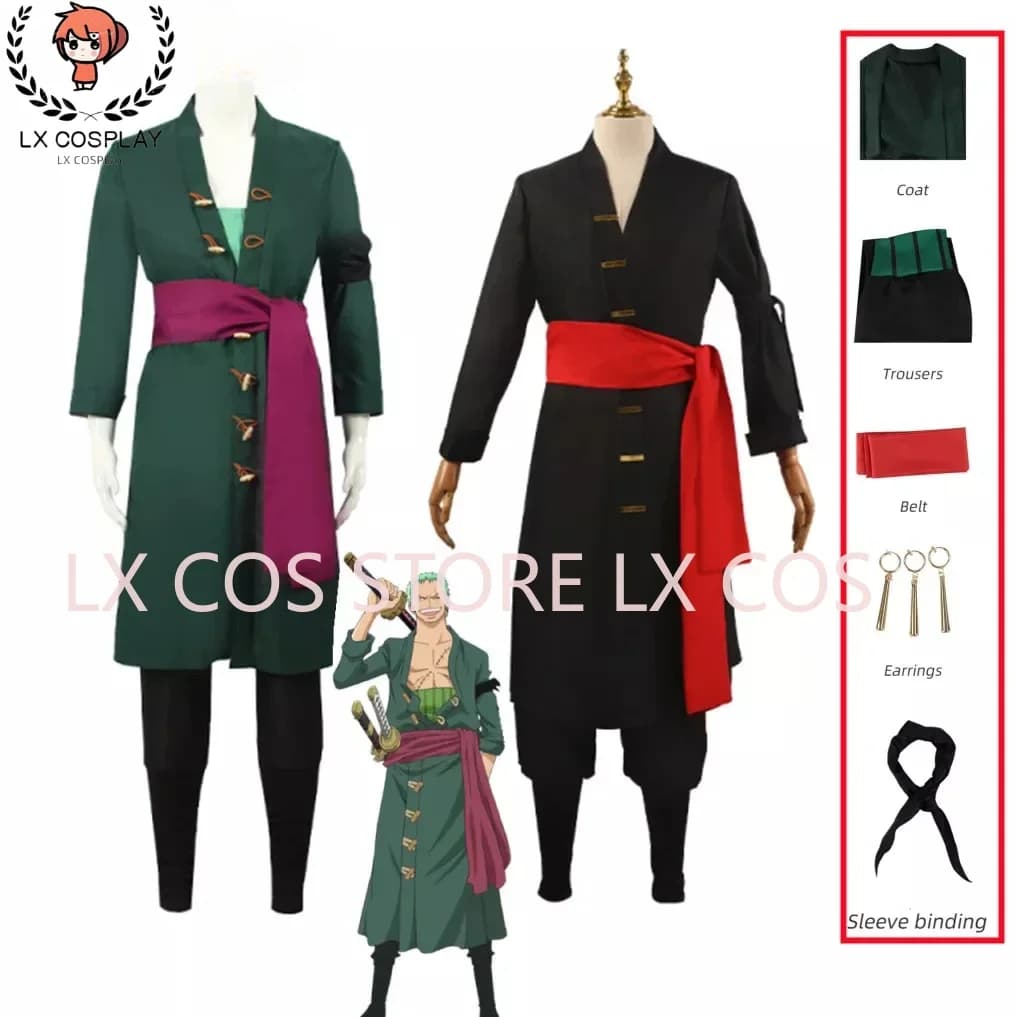 Roronoas Costume Cosplay Anime Kimono Robe Zoro Mantello Uniforme Abiti di Halloween con Orecchini per Comic Con