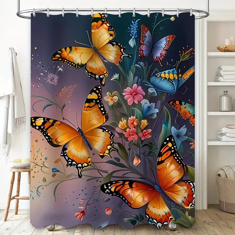 Tenda da doccia a farfalla con motivo a farfalla colorata per l'arredamento del bagno, design floreale, tessuto stampato, impermeabile, 72x84 pollici (180
