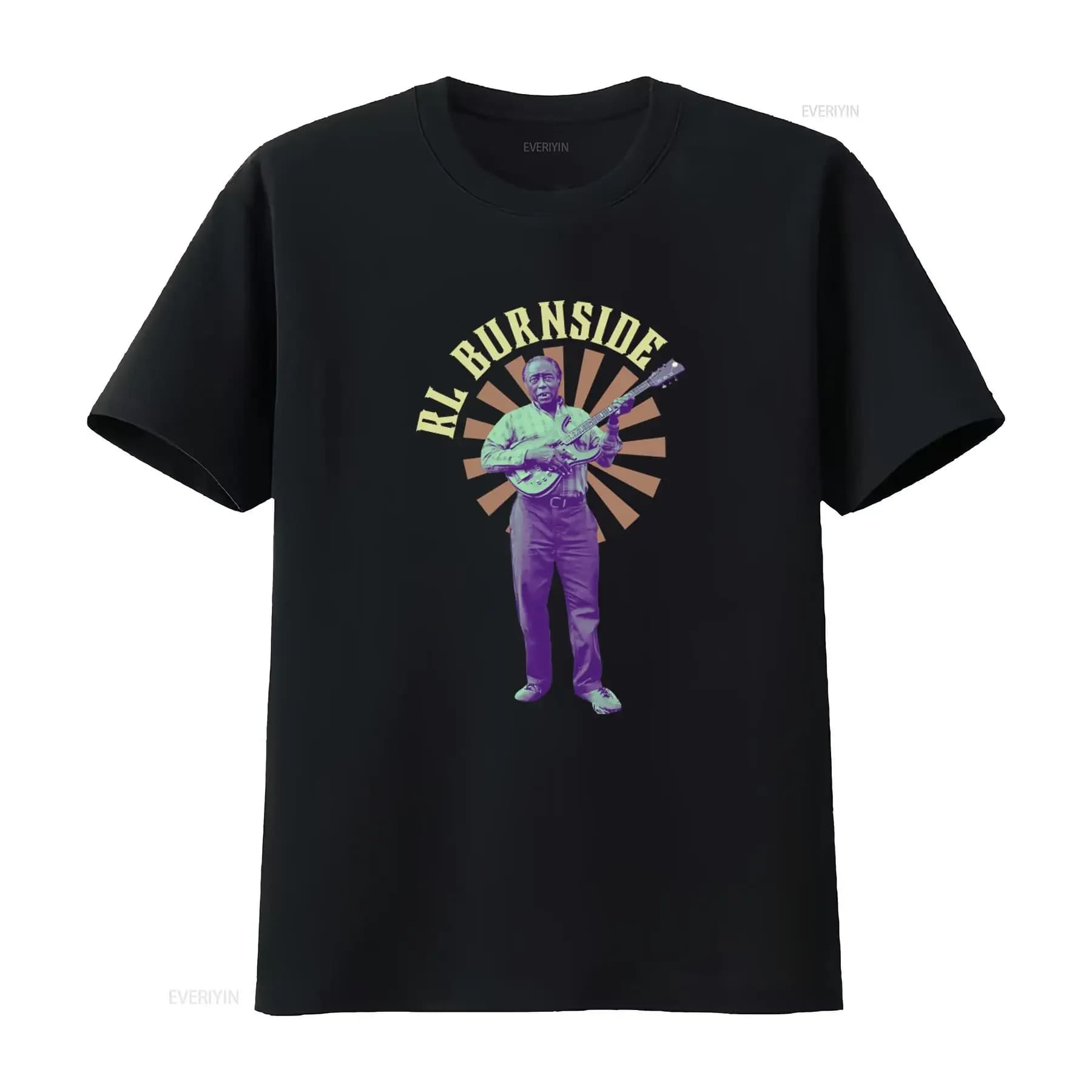 RL Burnside Jersey Vintage T-shirt with guitarist Hill Country Blues print, vintage effect, slightly casual, versatile graphics, soft.