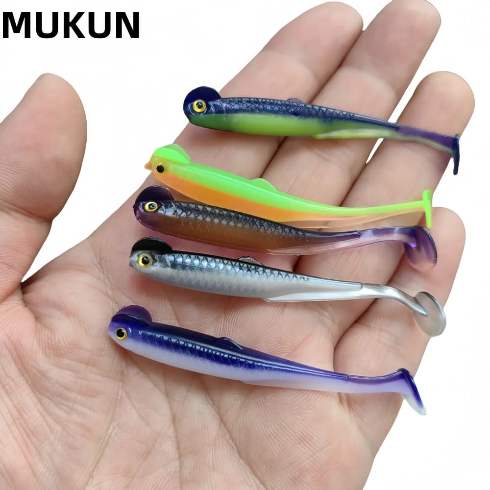 MUKUN 20PCS T-tail Esche Morbide Esche 1.3g/60mm Piccola Esca Artificiale Shad Doppio Colore Esca In Silicone T coda Attrezzatura da pesca