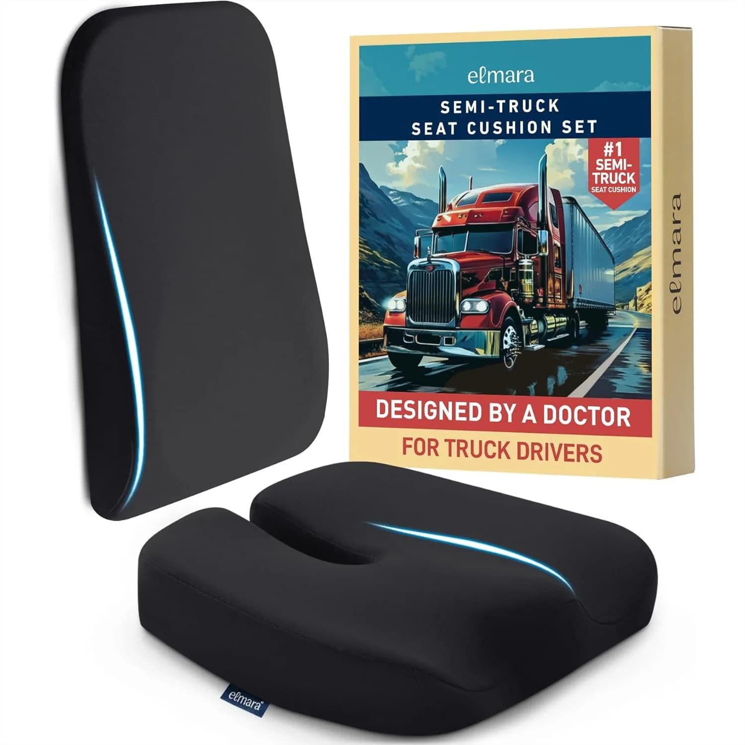 Cuscino per Sedile di Camion con NeuroFoam e Supporto Lombare, Set Ergonomico in 2 Pezzi per Lunghi Viaggi (Nero)