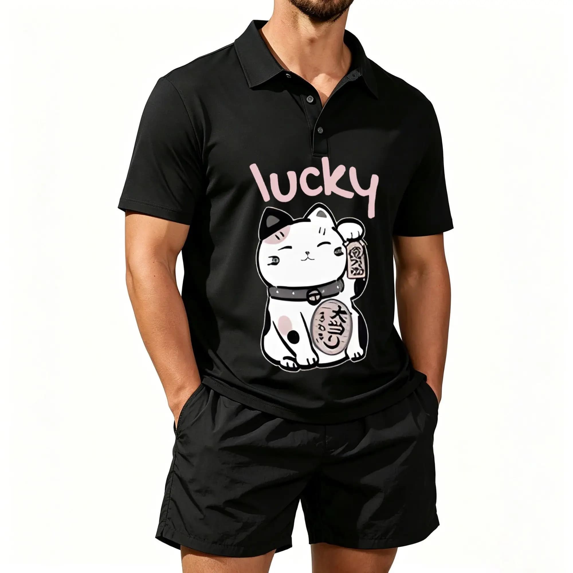 Men's Polo Beach Shorts Set, Lucky Cat Print Set, Casual and Comfortable Fit