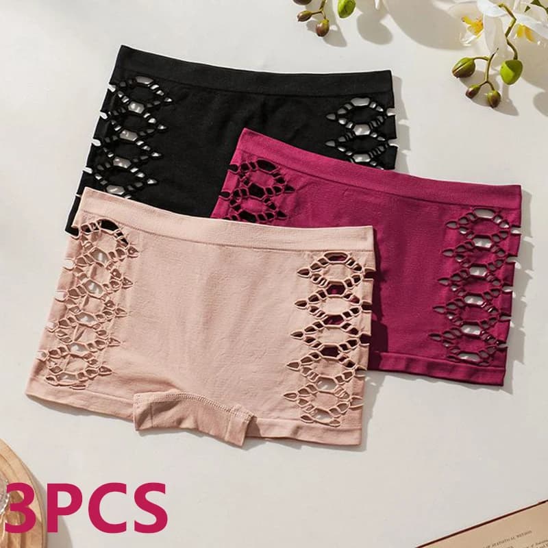 3 pezzi boxer sexy scavati lateralmente donna tinta unita biancheria intima senza cuciture pantaloni di sicurezza semplici mutandine comode a vita media
