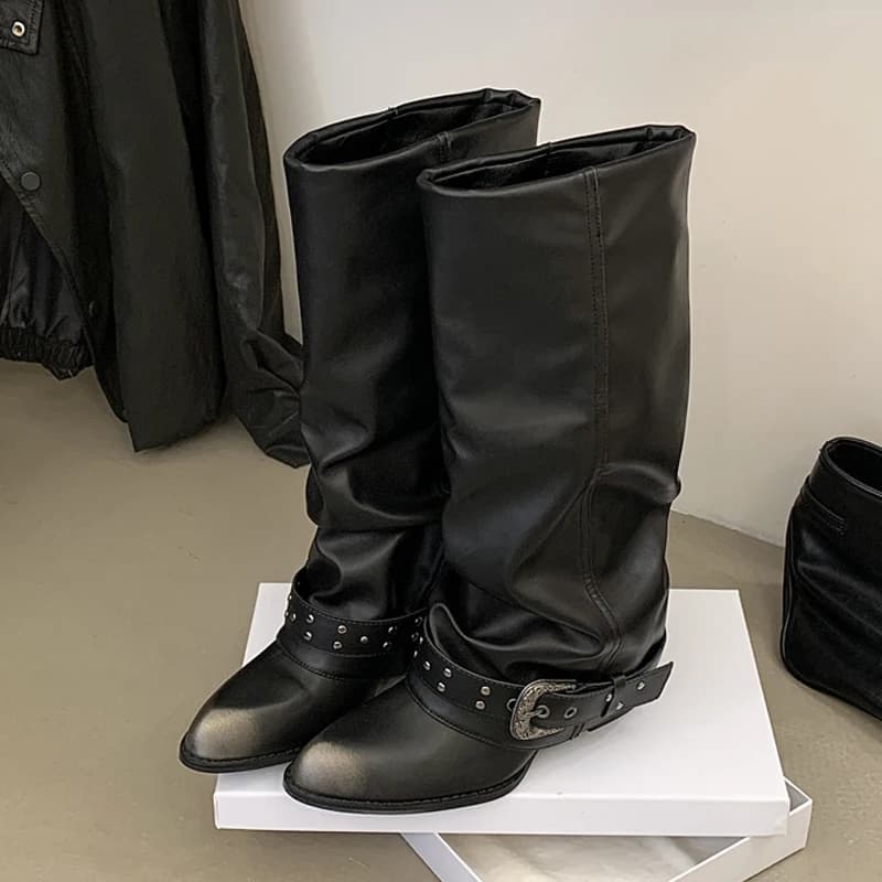 Eilyken New Fashion Pointed Toe Women Knee-High Boots Punk Design Style Splicing Belt Buckle Square Low Heels Shoes